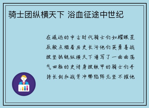 骑士团纵横天下 浴血征途中世纪