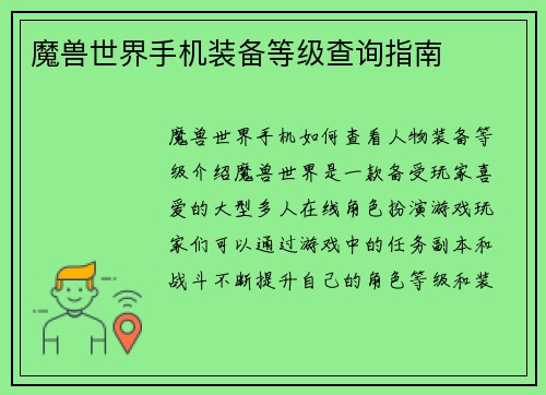 魔兽世界手机装备等级查询指南